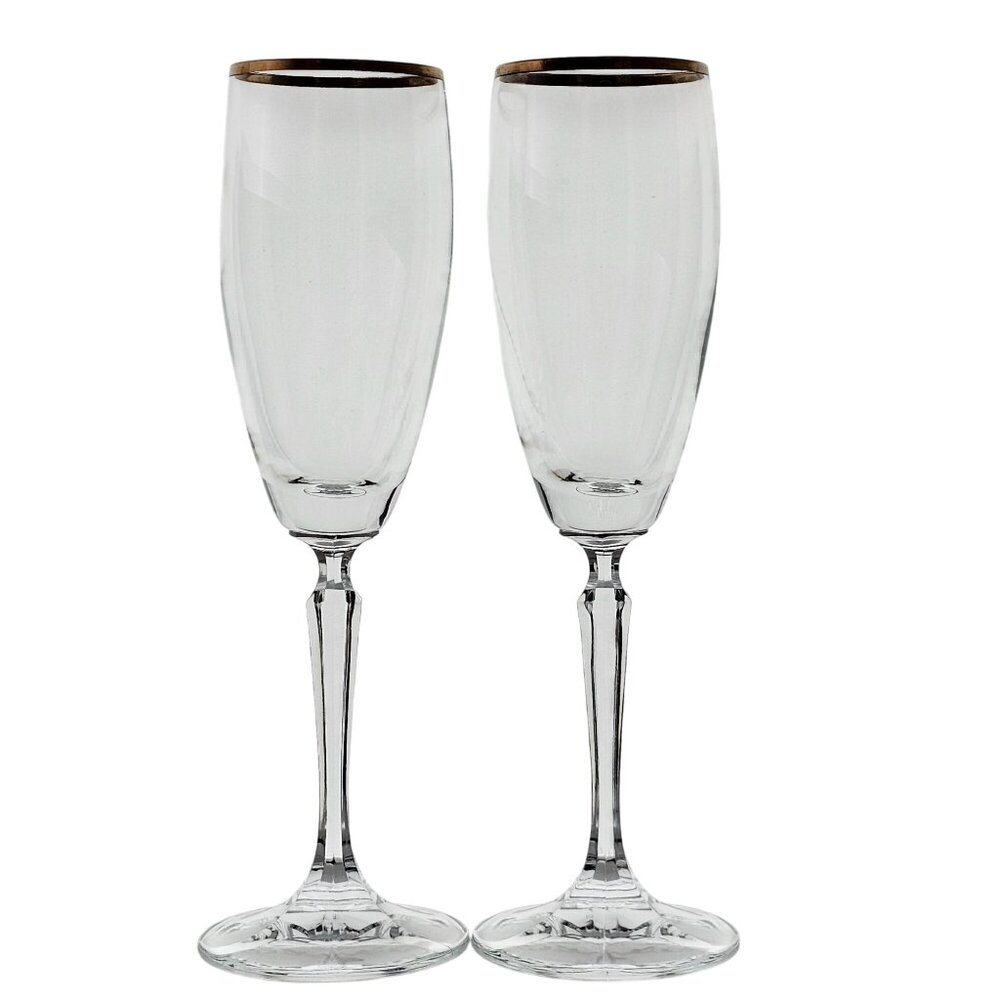 2 Schott Zwiesel Concord Gold Champagne Glasses 9" 1990s gold rim stemware vtg G - Picture 3 of 9